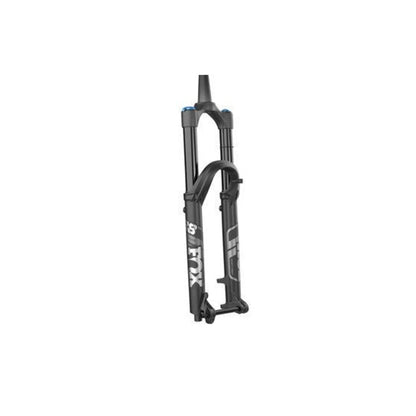 FOX 38 Performance suspension fork – Matte black mountain bike suspension fork stands vertically at an angle against a white background, displaying grey graphics and black stanchions.