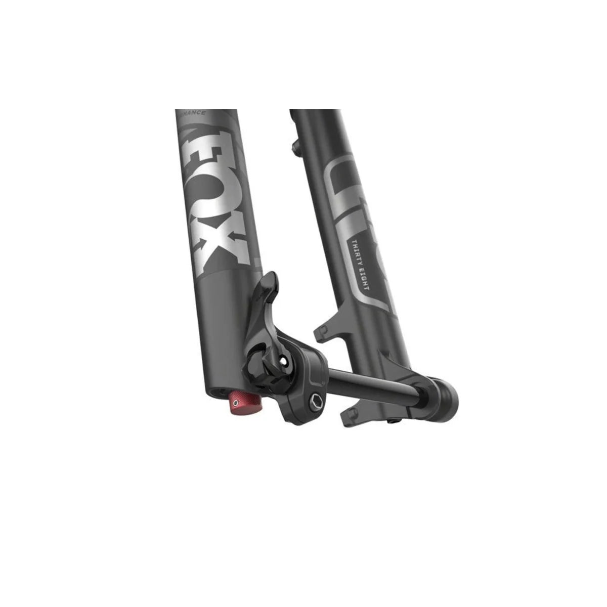 FOX 38 Performance suspension fork dropouts – Matte black suspension fork lowers feature silver FOX branding, a quick-release thru-axle, brake caliper mounts, and a red rebound adjustment knob, shown over a plain white background.