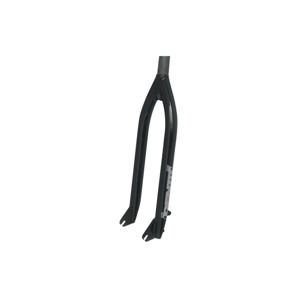 Black Identiti Rebate rigid jump fork – A glossy black rigid bicycle fork stands upright against a plain white background, featuring slotted dropouts and subtle white branding on the lower leg.