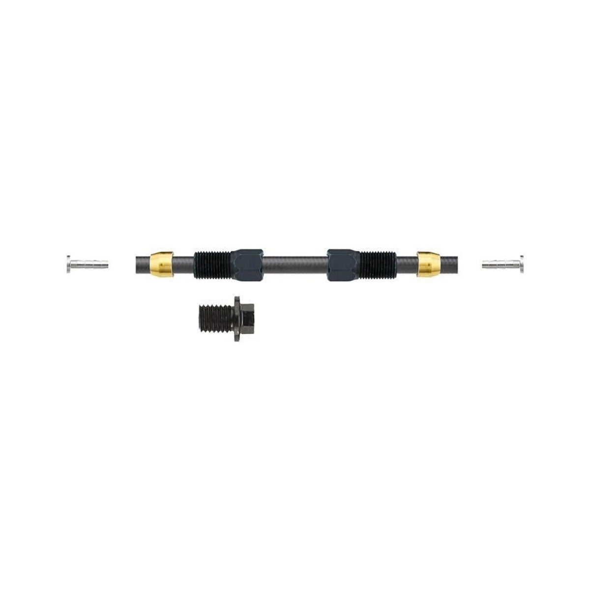 Black hydraulic hose kit with fittings – A straight black hydraulic hose segment displayed horizontally on white, flanked by silver inserts, gold-tone olives, and threaded black nuts.