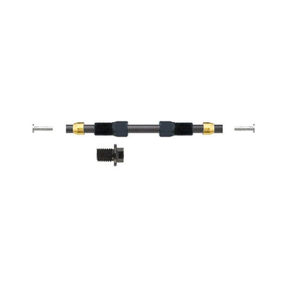 Black hydraulic hose kit with fittings – A straight black hydraulic hose segment displayed horizontally on white, flanked by silver inserts, gold-tone olives, and threaded black nuts.