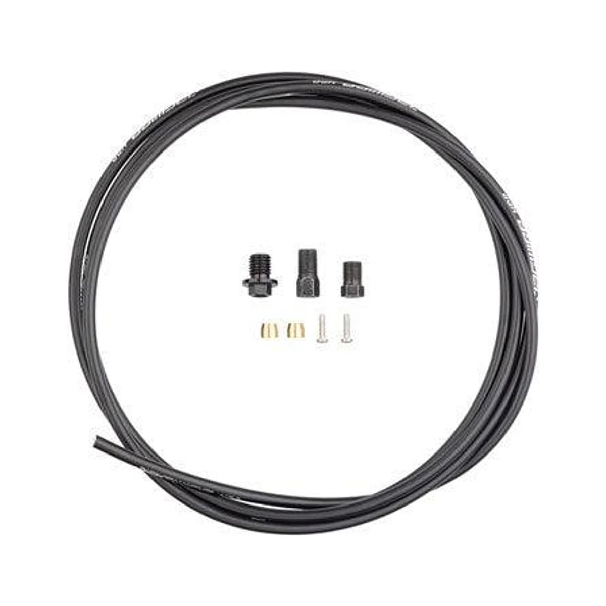 Black hydraulic hose kit with fittings – A coiled black hydraulic brake hose surrounds three black threaded connectors, two brass olives, and two silver insert pins, all isolated on a white background.