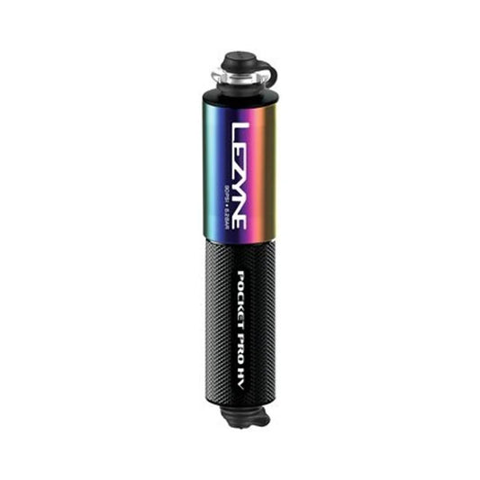 Lezyne Pocket Drive Pro HV mini pump – A compact bicycle hand pump stands vertically against a white background, featuring an iridescent neo-metallic upper barrel and a knurled black handle with white branding.