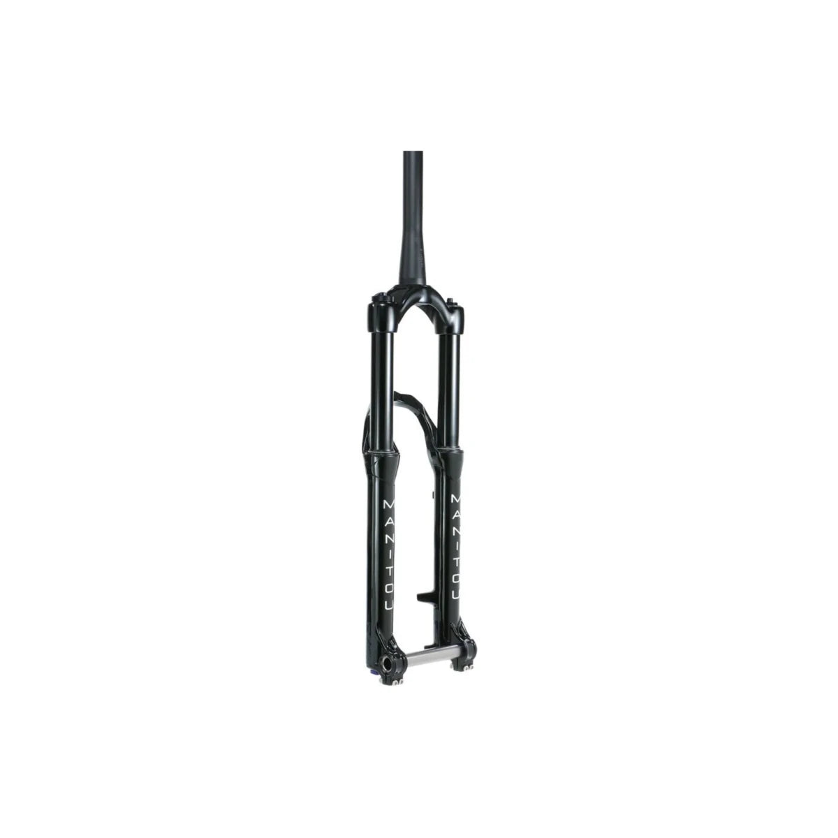 Manitou Circus Expert suspension fork in black – A gloss black mountain bike suspension fork stands vertically against a pure white background, showing its tapered steerer tube, reverse arch, and lower legs with white branding.