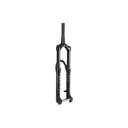 Manitou Circus Expert suspension fork in black – A gloss black mountain bike suspension fork stands vertically against a pure white background, showing its tapered steerer tube, reverse arch, and lower legs with white branding.