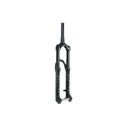 Manitou Circus Expert suspension fork in black – A gloss black mountain bike suspension fork stands vertically against a pure white background, showing its tapered steerer tube, reverse arch, and lower legs with white branding.
