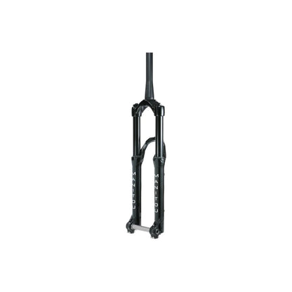 Gloss black Manitou suspension fork – This gloss black bicycle suspension fork features black stanchions, lower legs with white Manitou lettering, and a silver thru-axle centered against a plain white background.