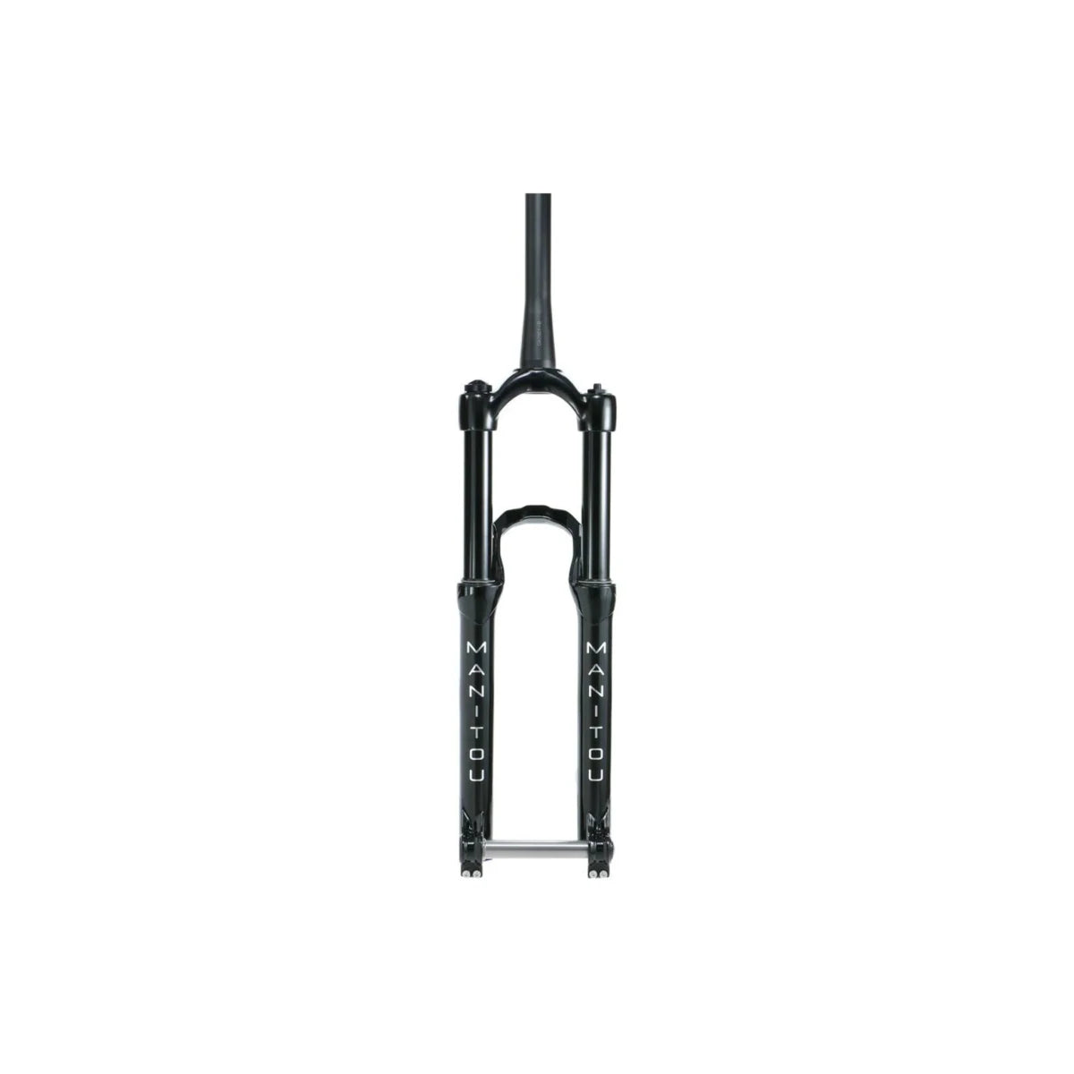 Manitou Circus Expert suspension fork – Gloss black Manitou Circus Expert suspension fork standing upright against a white background, featuring vertical white branding on the lower legs, a reverse arch, and a silver axle.