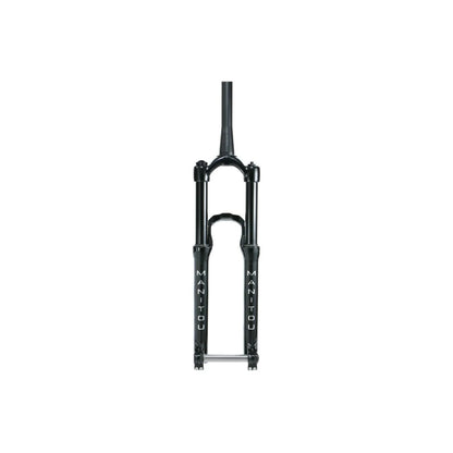 Manitou Circus Expert suspension fork – Gloss black Manitou Circus Expert suspension fork standing upright against a white background, featuring vertical white branding on the lower legs, a reverse arch, and a silver axle.