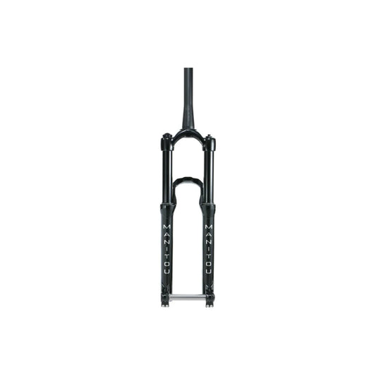 Manitou Circus Expert suspension fork – Gloss black Manitou Circus Expert suspension fork standing upright against a white background, featuring vertical white branding on the lower legs, a reverse arch, and a silver axle.
