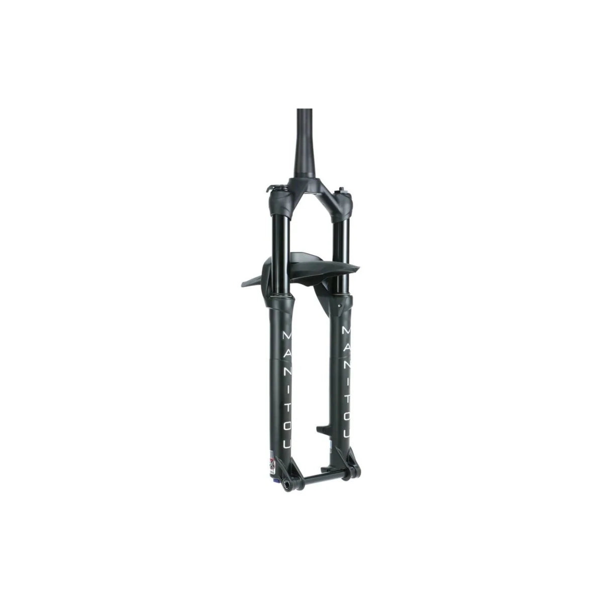 Manitou Machete matte black suspension fork – Matte black bicycle suspension fork featuring vertical Manitou branding on the lower legs, a reverse arch, and an integrated fender against a clean white background.