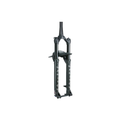 Manitou Machete matte black suspension fork – Matte black bicycle suspension fork featuring vertical Manitou branding on the lower legs, a reverse arch, and an integrated fender against a clean white background.