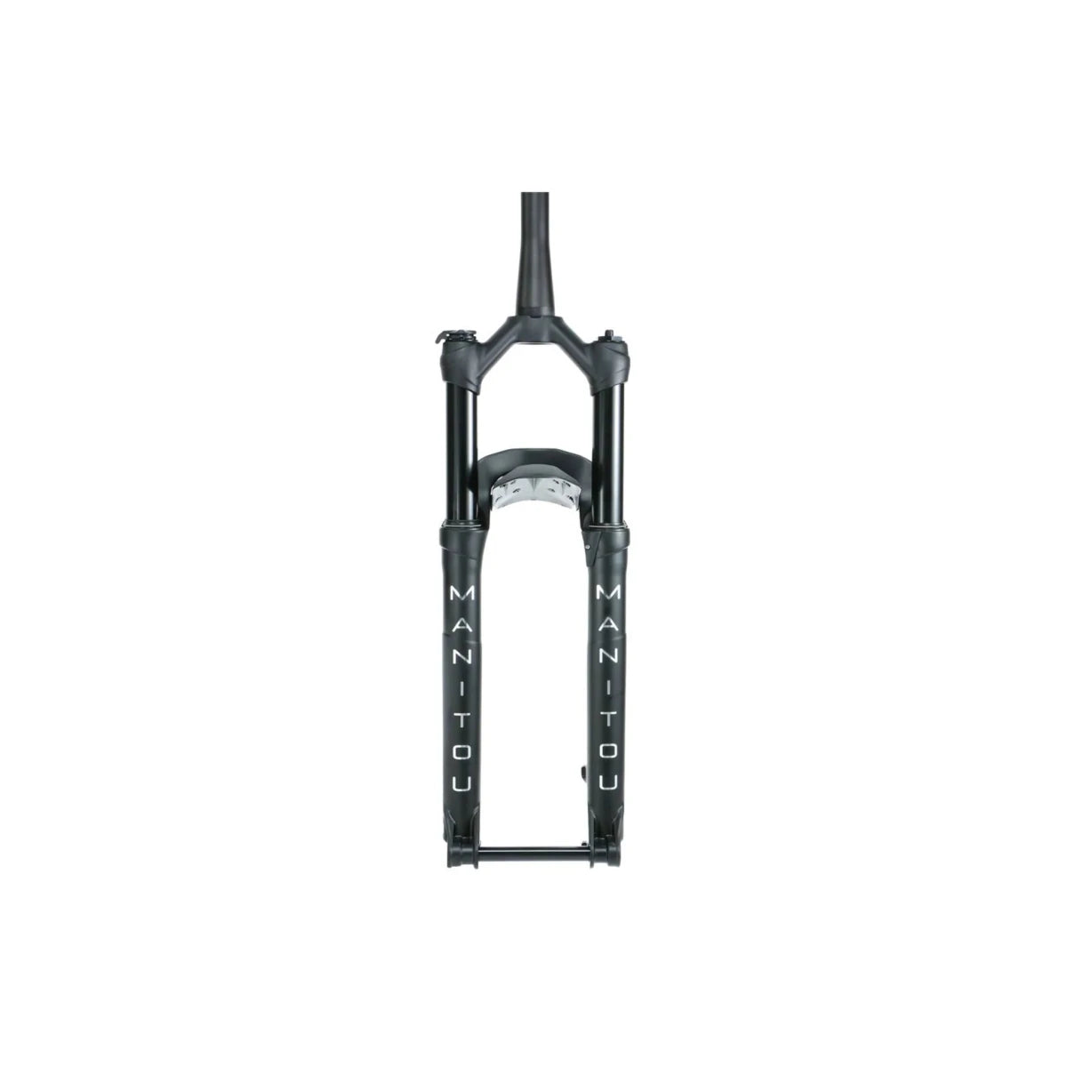 Manitou Machete matte black suspension fork – Front view of a matte black bicycle suspension fork showing the steerer tube, stanchions, lower legs with white Manitou lettering, and reverse arch design against a white background.