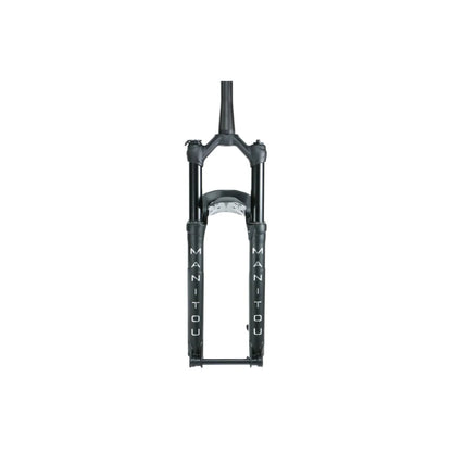 Manitou Machete matte black suspension fork – Front view of a matte black bicycle suspension fork showing the steerer tube, stanchions, lower legs with white Manitou lettering, and reverse arch design against a white background.