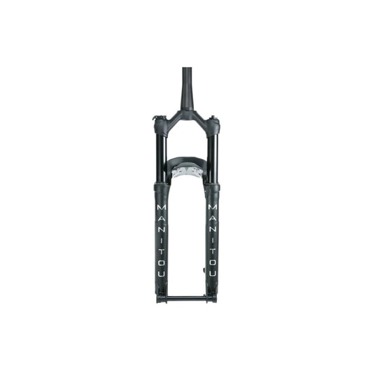Manitou Machete matte black suspension fork – Front view of a matte black bicycle suspension fork showing the steerer tube, stanchions, lower legs with white Manitou lettering, and reverse arch design against a white background.