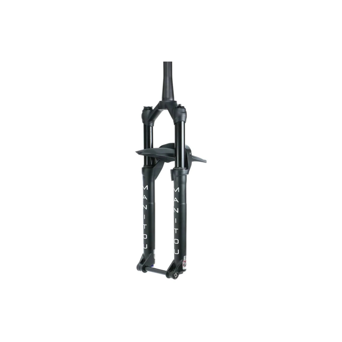 Manitou Machete matte black suspension fork – Matte black bicycle suspension fork with a tapered steerer tube, black stanchions, integrated mudguard fender, and white Manitou branding on a plain white background.