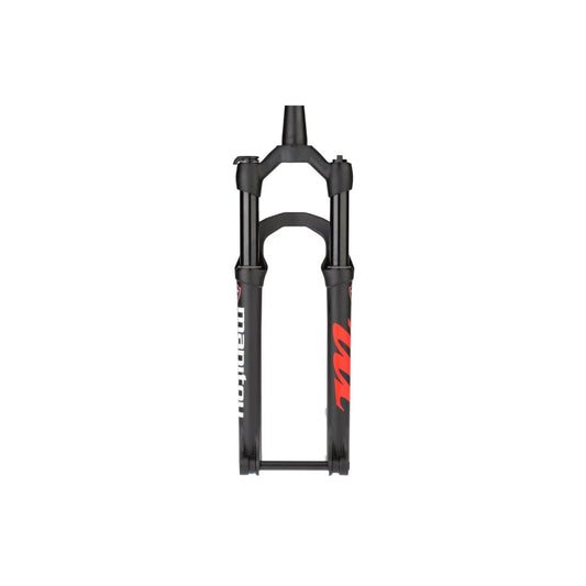 Manitou Markhor matte black suspension fork – A matte black mountain bike suspension fork stands vertically against a white background, featuring red and white lower leg decals and a reverse arch design.