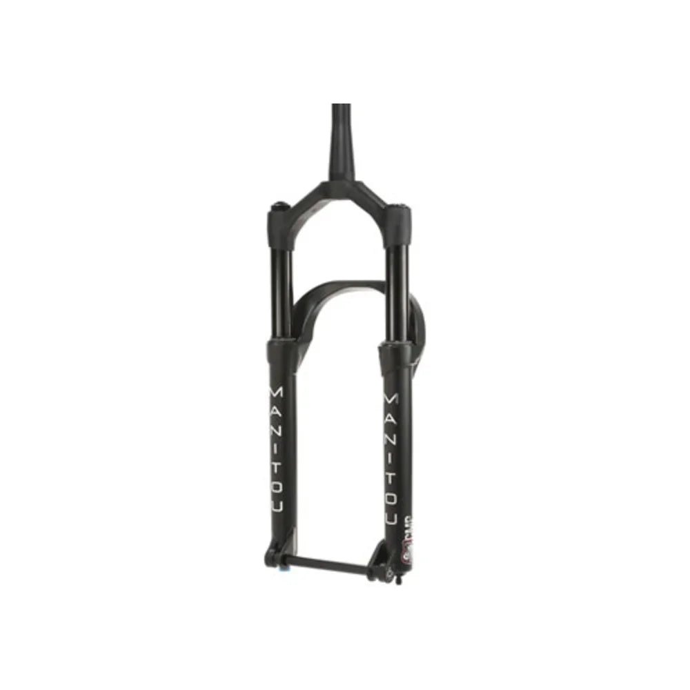 Manitou Mastodon Comp suspension fork in matte black – Matte black bicycle suspension fork standing upright against a plain white background, featuring a reverse arch, Manitou lettering on the lower legs, and a thru-axle installed.