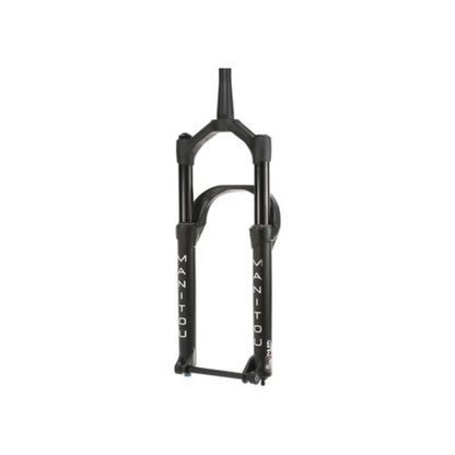 Manitou Mastodon Comp suspension fork in matte black – Matte black bicycle suspension fork standing upright against a plain white background, featuring a reverse arch, Manitou lettering on the lower legs, and a thru-axle installed.