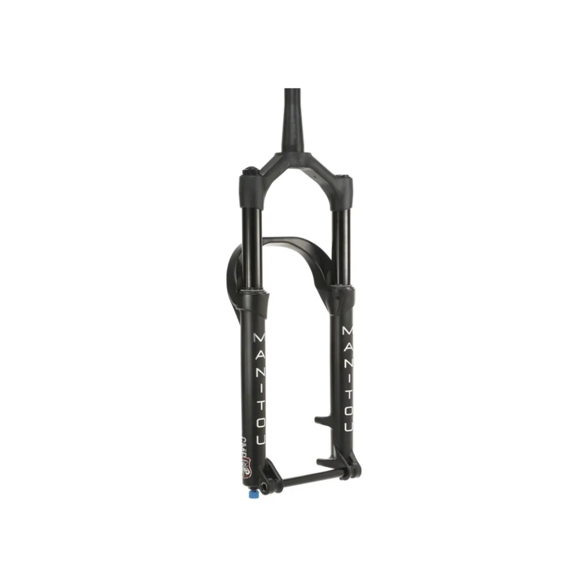 Manitou Mastodon Comp matte black suspension fork – A matte black bicycle suspension fork with a reverse arch, white Manitou vertical branding on the lower legs, and a black thru-axle, centered on a white background.