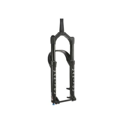 Manitou Mastodon Comp matte black suspension fork – A matte black bicycle suspension fork with a reverse arch, white Manitou vertical branding on the lower legs, and a black thru-axle, centered on a white background.