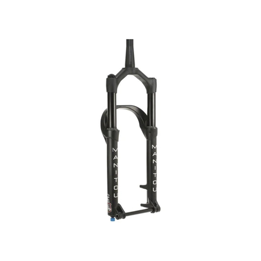 Manitou Mastodon Comp matte black suspension fork – A matte black bicycle suspension fork with a reverse arch, white Manitou vertical branding on the lower legs, and a black thru-axle, centered on a white background.