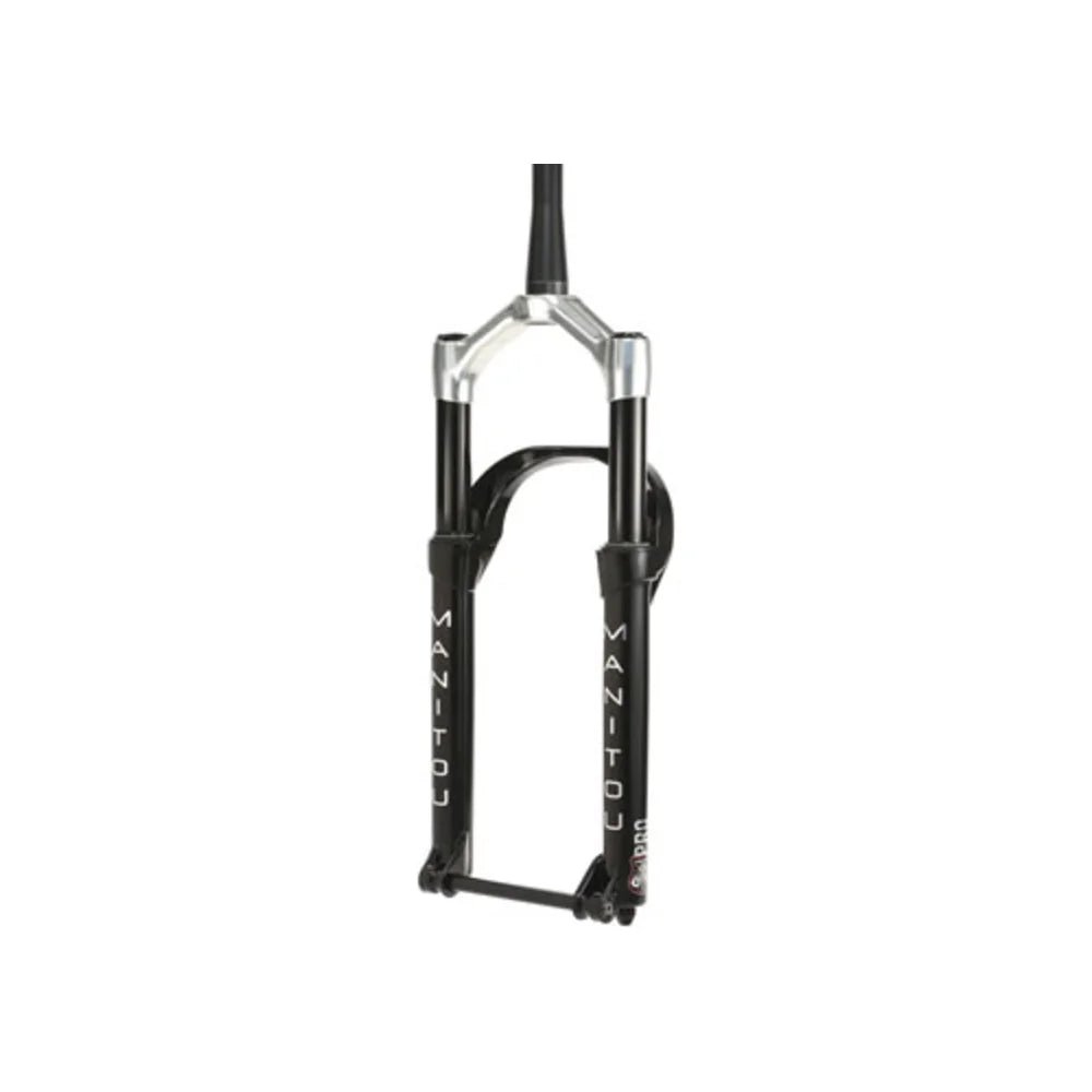 Manitou Mastodon Pro matte black suspension fork – A front-angle studio view shows a matte black bicycle suspension fork with silver crown accents, vertical Manitou branding, and a lower thru-axle against a plain white background.