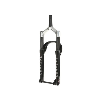 Manitou Mastodon Pro matte black suspension fork – A front-angle studio view shows a matte black bicycle suspension fork with silver crown accents, vertical Manitou branding, and a lower thru-axle against a plain white background.
