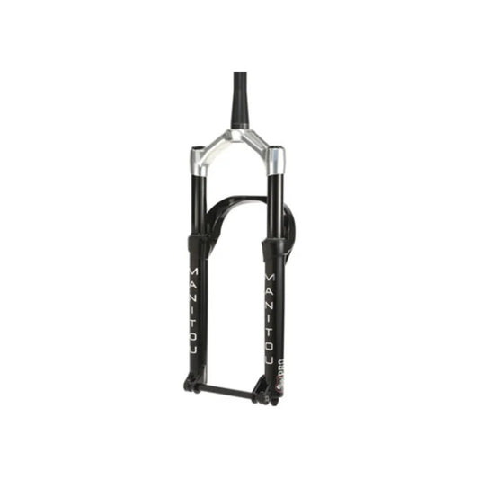 Manitou Mastodon Pro matte black suspension fork – A front-angle studio view shows a matte black bicycle suspension fork with silver crown accents, vertical Manitou branding, and a lower thru-axle against a plain white background.