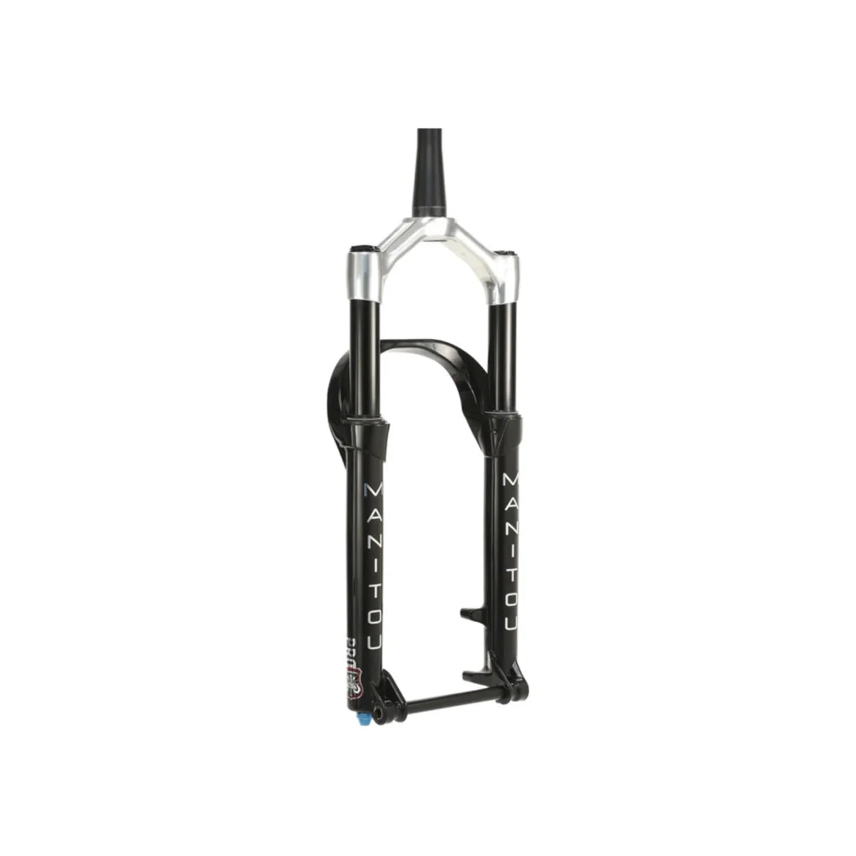 Manitou Mastodon Pro suspension fat bike fork – Front view of a matte black fat bike suspension fork with a silver crown, black stanchions, reverse arch, and a thru-axle against a white backdrop.