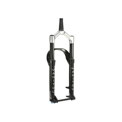 Manitou Mastodon Pro suspension fat bike fork – Front view of a matte black fat bike suspension fork with a silver crown, black stanchions, reverse arch, and a thru-axle against a white backdrop.