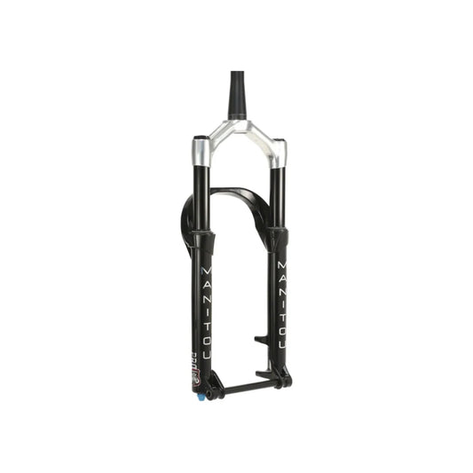 Manitou Mastodon Pro suspension fat bike fork – Front view of a matte black fat bike suspension fork with a silver crown, black stanchions, reverse arch, and a thru-axle against a white backdrop.