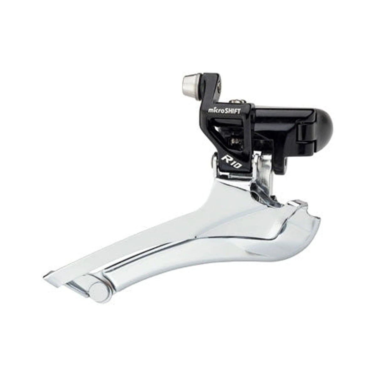 microSHIFT R10 Front Derailleur - 10-Speed Double, 56t Max, Band Clamp, Shimano Compatible, Black – studio product photo
