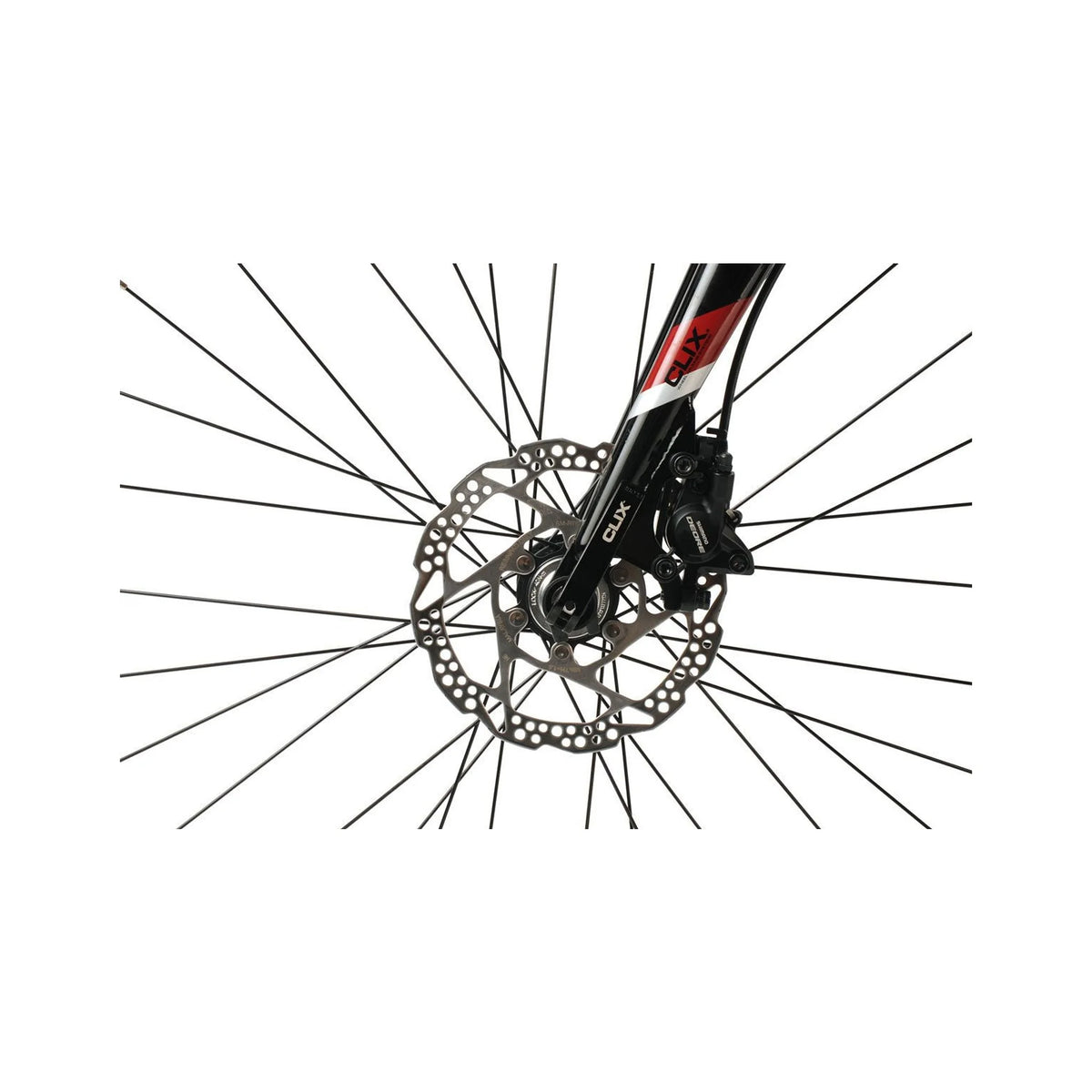 Folding bike front disc brake assembly – Close-up of a bicycle front wheel showing a stainless steel perforated disc brake rotor, black Shimano Deore caliper, and black CLIX quick-release fork against a white background.