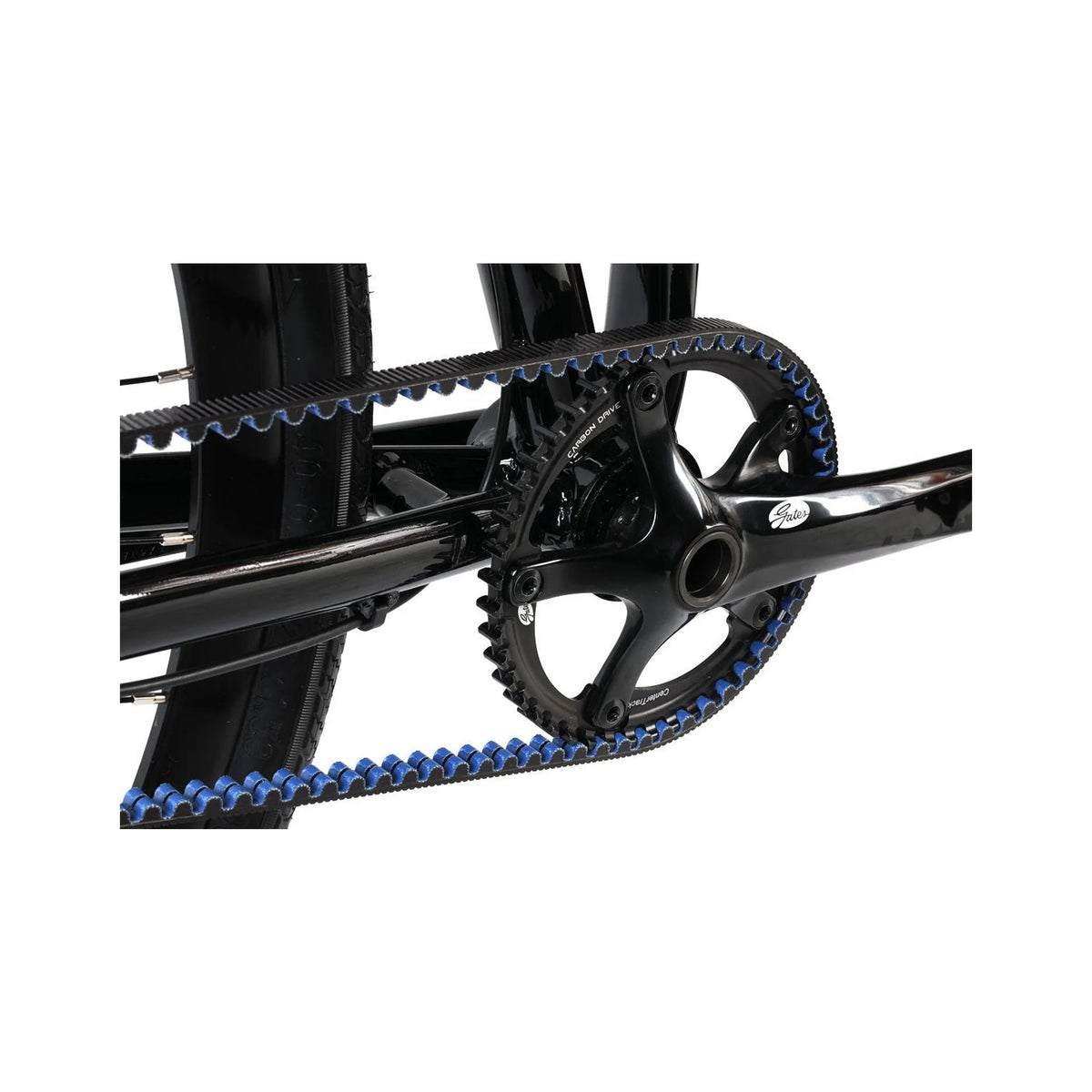 Gates Carbon Drive belt system on bike – Close-up of a bicycle drivetrain featuring a black crankset and a textured black belt with bright blue teeth, set against a glossy black frame on a white background.