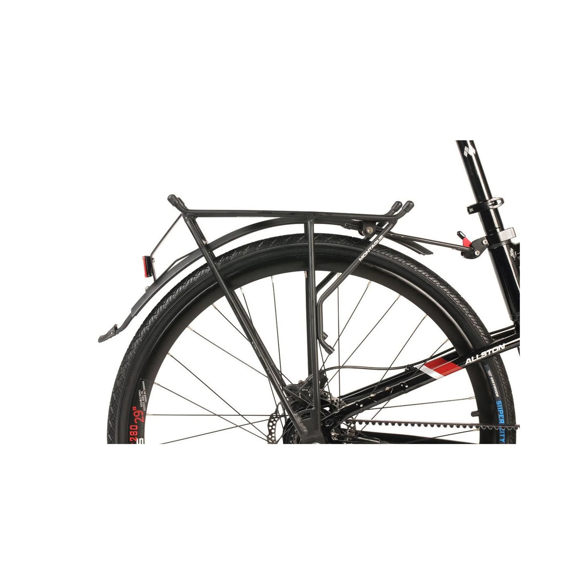 Montague folding bike rear cargo rack – A close-up side profile showcases the rear black cargo rack and fender mounted over the back wheel of a black folding bicycle against white.