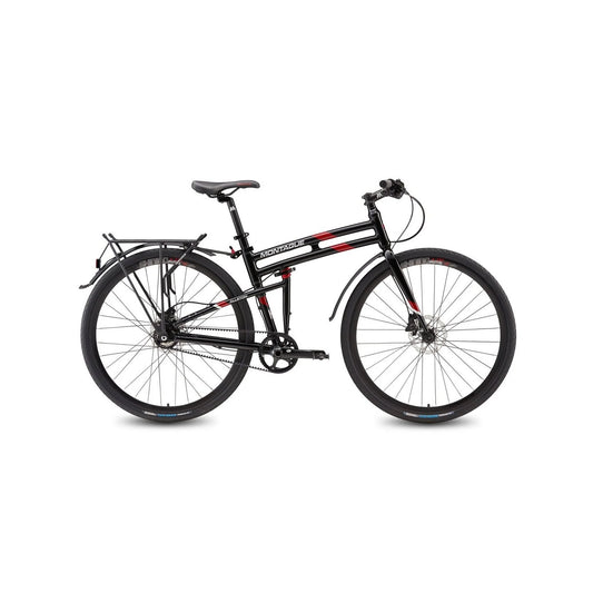 Montague Allston folding commuter bike – A black Montague Allston folding bike with red frame accents, rear cargo rack, mudguards, and a belt drive system, displayed in side profile against a white background.