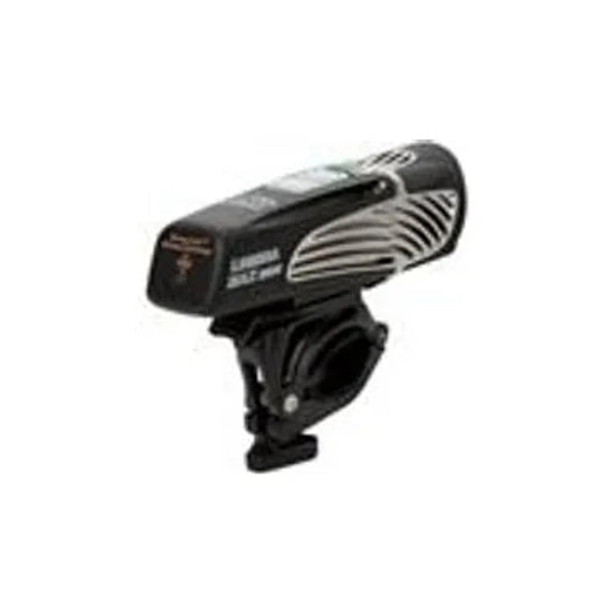 NiteRider Lumina Max bicycle headlight with mount – A compact black bicycle headlight with silver cooling fins along the side, attached to an adjustable handlebar clamp mount against a plain white background.