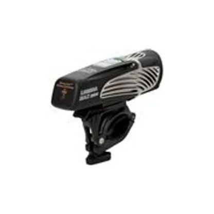 NiteRider Lumina Max bicycle headlight with mount – A compact black bicycle headlight with silver cooling fins along the side, attached to an adjustable handlebar clamp mount against a plain white background.