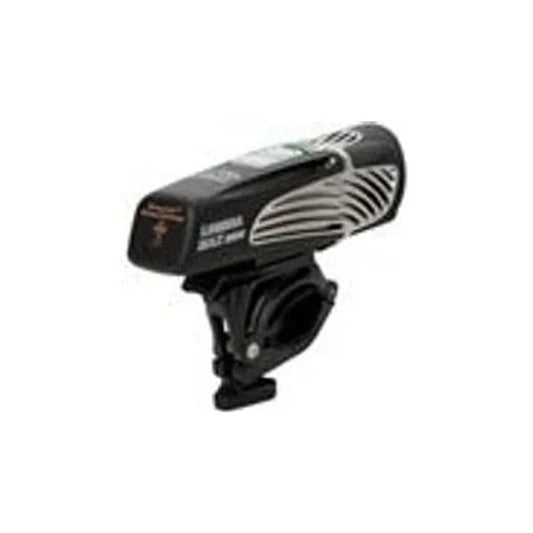 NiteRider Lumina Max bicycle headlight with mount – A compact black bicycle headlight with silver cooling fins along the side, attached to an adjustable handlebar clamp mount against a plain white background.