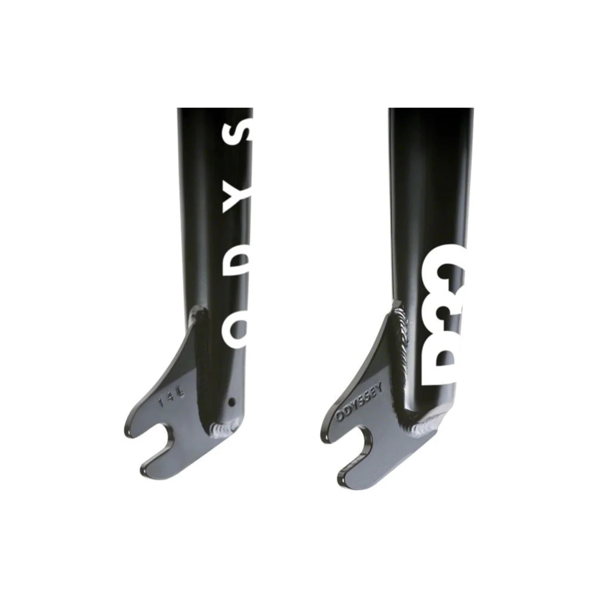 Black Odyssey R32 BMX fork dropouts – A close-up view of glossy black steel BMX fork dropouts features welded seams, slotted axle holes, embossed Odyssey branding, and bold white graphics on a plain background.