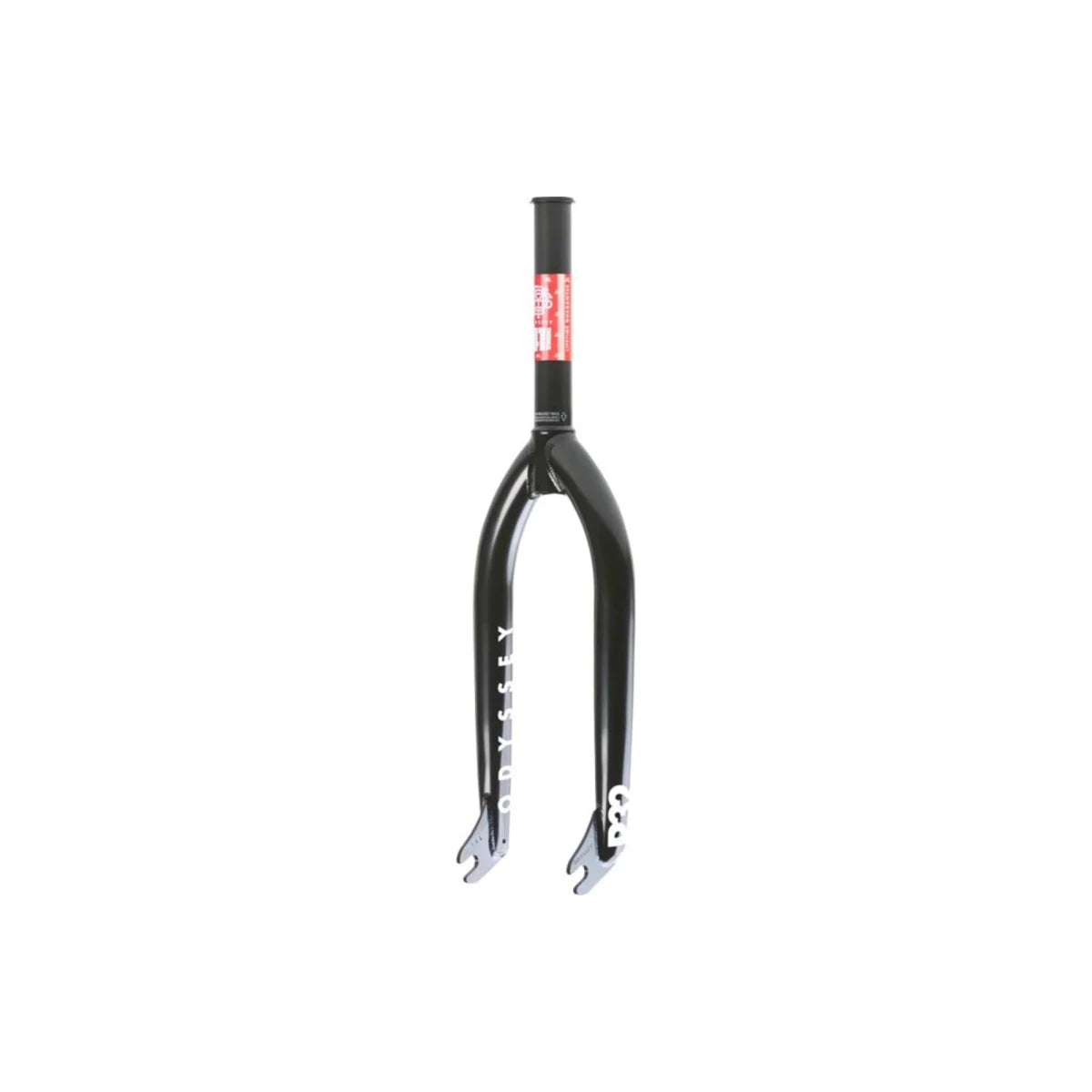 Odyssey R32 BMX fork in black – A glossy black BMX fork shown upright against a white background, featuring white Odyssey and R32 branding on the legs and a red steerer-tube sticker.