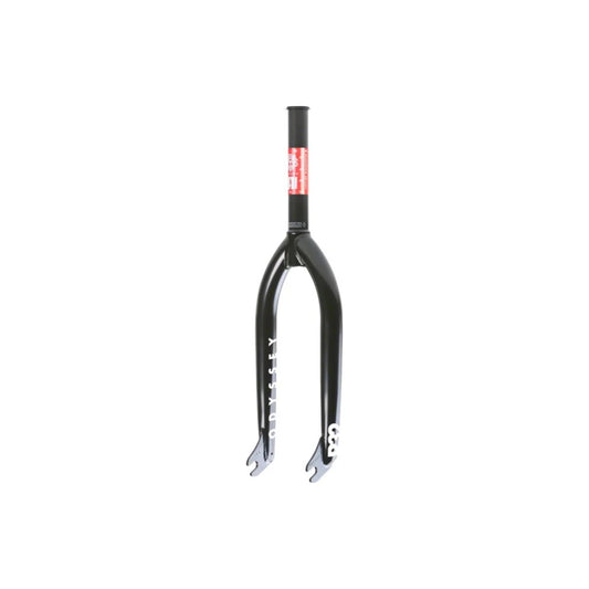 Odyssey R32 BMX fork in black – A glossy black BMX fork shown upright against a white background, featuring white Odyssey and R32 branding on the legs and a red steerer-tube sticker.