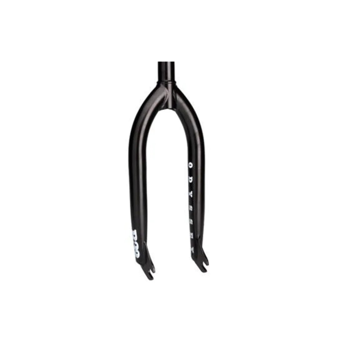 Odyssey R32 BMX bike fork in black – Glossy black steel BMX fork displayed vertically against a plain white background, highlighting tapered legs, investment-cast dropouts, and white Odyssey branding along the leg.
