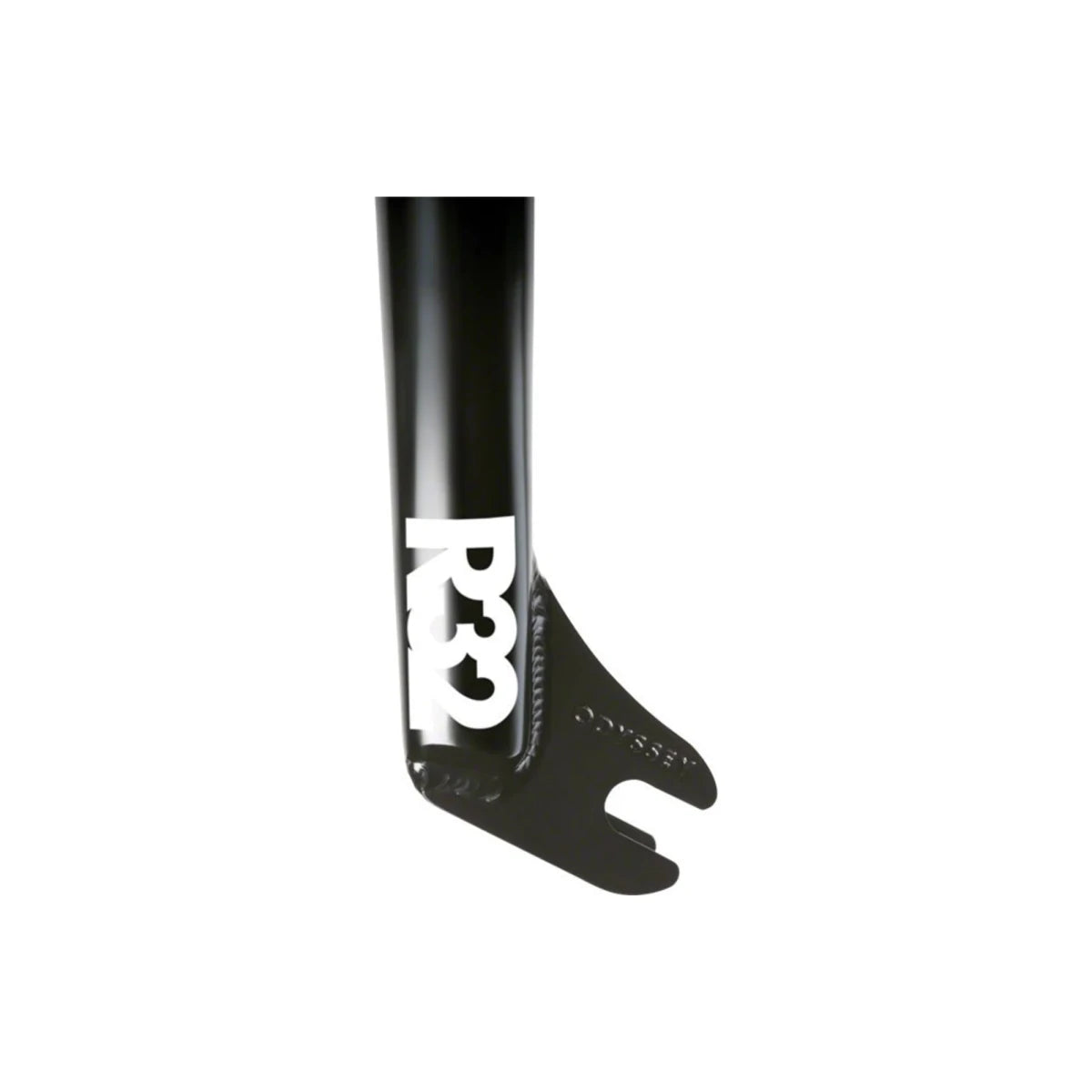 Odyssey R32 BMX fork dropout in black – A close-up view of a glossy black bicycle fork leg showing a white R32 graphic, welded joints, and a 3/8-inch dropout against a white background.