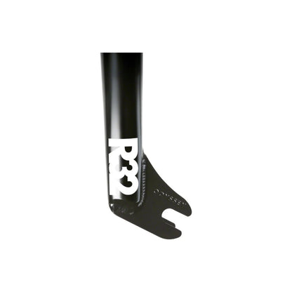 Odyssey R32 BMX fork dropout in black – A close-up view of a glossy black bicycle fork leg showing a white R32 graphic, welded joints, and a 3/8-inch dropout against a white background.