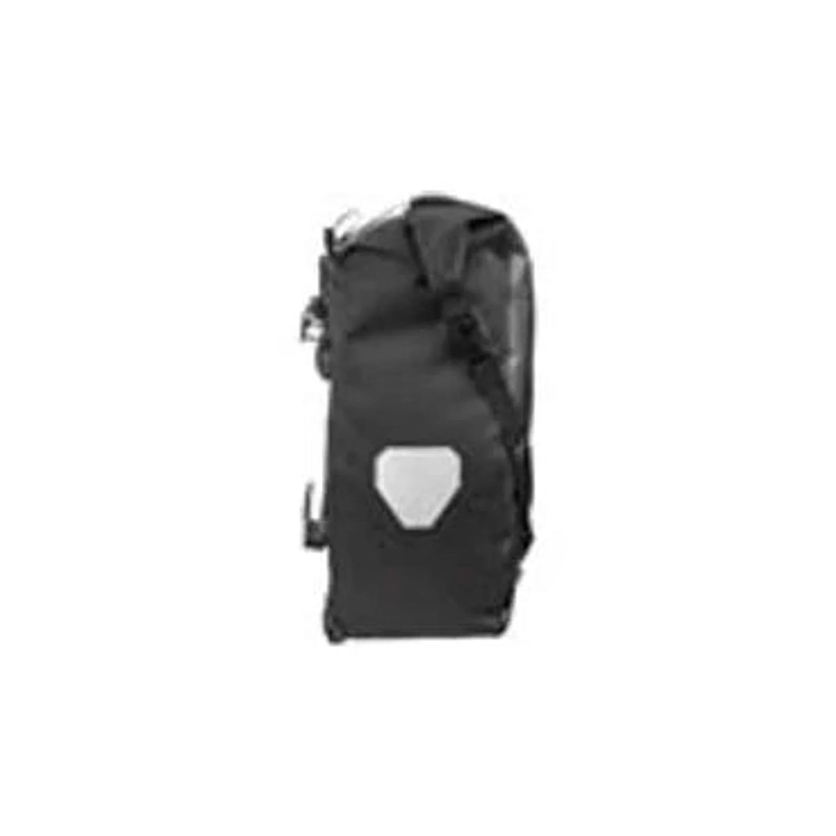 Black Ortlieb Back Roller bike pannier side view – Side profile of a black waterproof bicycle pannier bag featuring a roll-top closure, adjustable straps, and a prominent reflective patch against a clean white background.