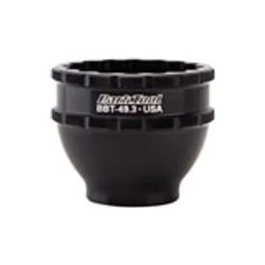 Park Tool 16-notch bottom bracket tool – A matte black aluminum bottom bracket socket tool with notched ridges and white Park Tool BBT-49.3 branding, centered on a plain white background.
