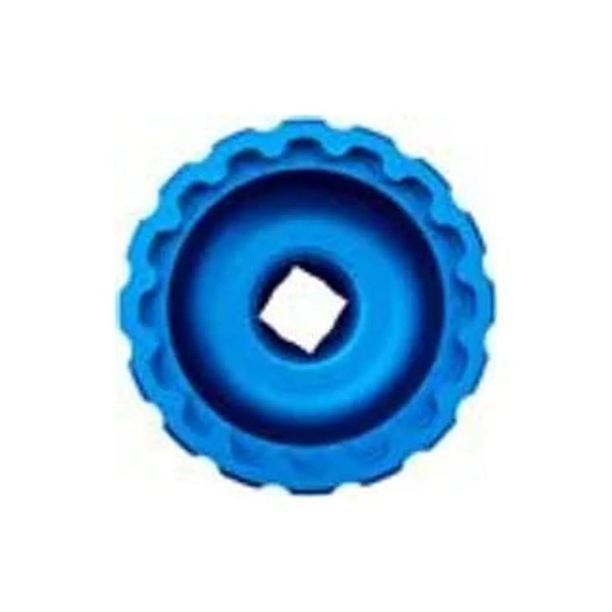 Blue Park Tool 16-notch bottom bracket tool – Top-down view of a bright blue anodized aluminum bottom bracket tool, displaying its sixteen external splines and a square center drive opening against a white background.