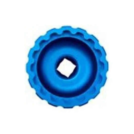 Blue Park Tool 16-notch bottom bracket tool – Top-down view of a bright blue anodized aluminum bottom bracket tool, displaying its sixteen external splines and a square center drive opening against a white background.